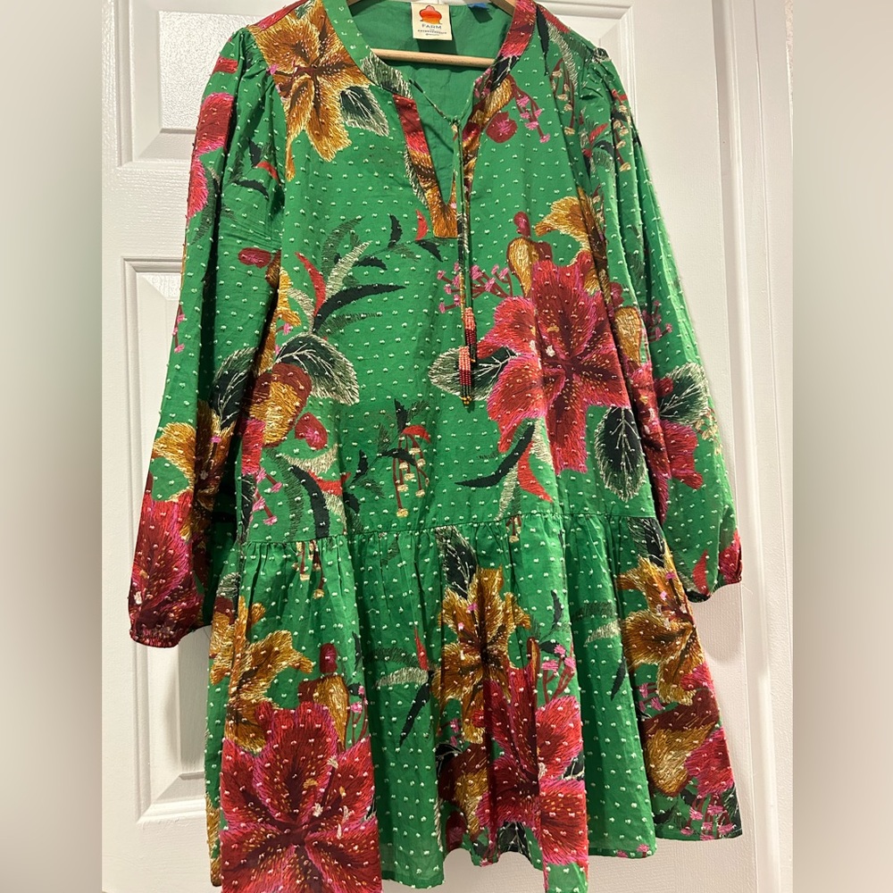 FARM Rio Green Floral Midi Dress with Pink & Gold Accents
